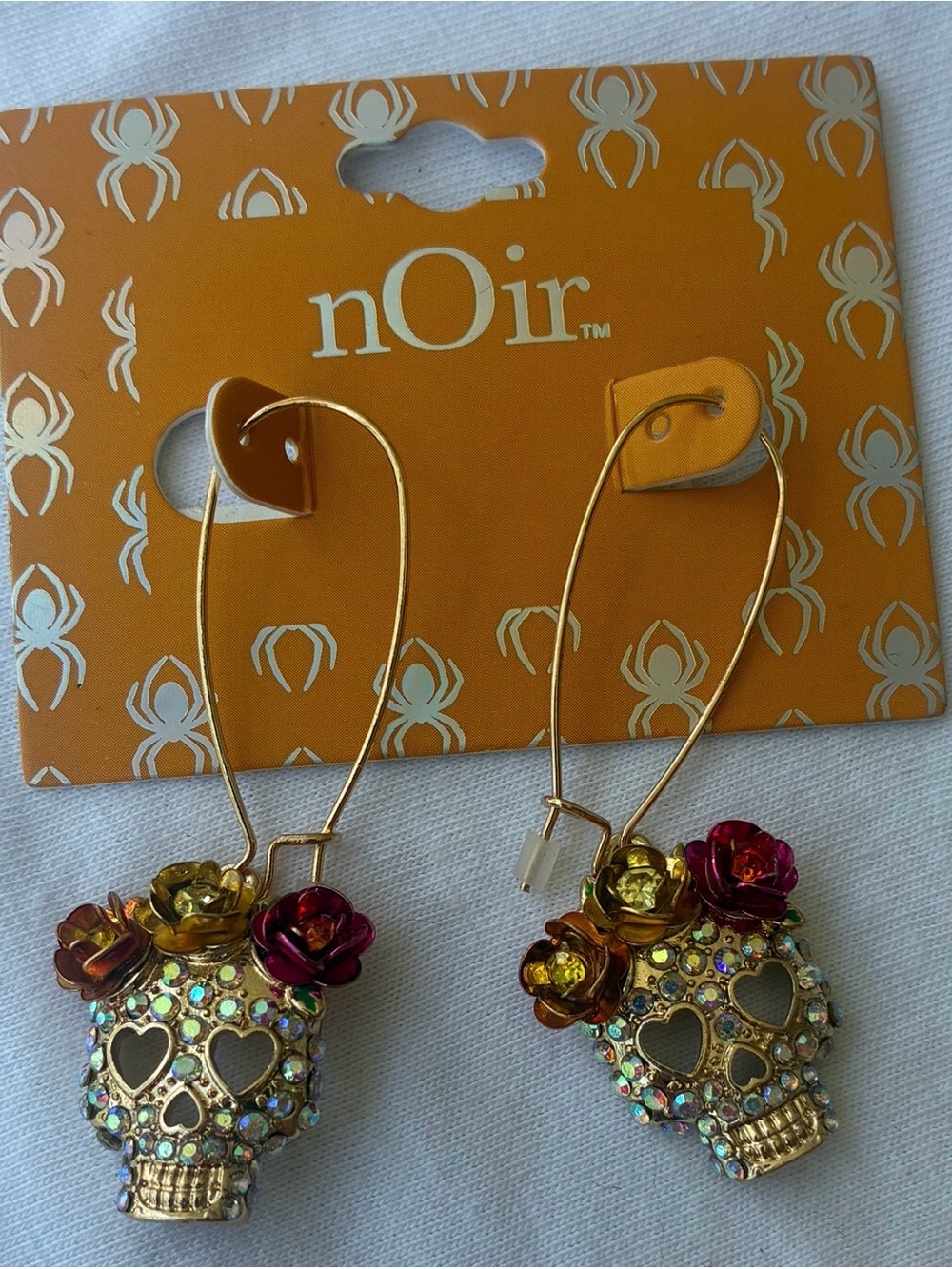 nOir Jewelry Gold Sugar Skull Drop Earrings with Multicolor Flowers
